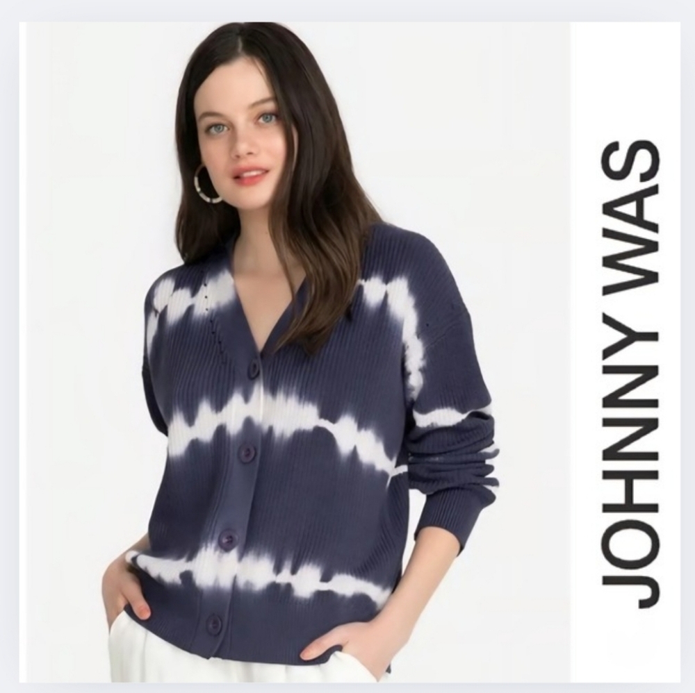 {Johnny Was} Blue Purple Cable Knit Tie-Dye Cardigan Size Medium